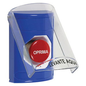 SS2421NT-ES STI Blue Indoor Only Flush or Surface Turn-to-Reset Stopper Station with No Text Label Spanish