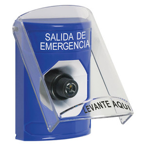 SS2423EX-ES STI Blue Indoor Only Flush or Surface Key-to-Activate Stopper Station with EMERGENCY EXIT Label Spanish