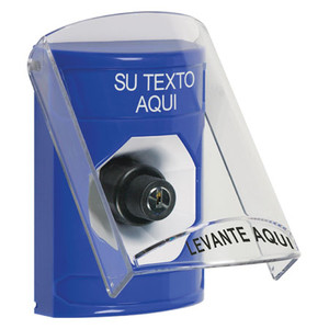 SS2423ZA-ES STI Blue Indoor Only Flush or Surface Key-to-Activate Stopper Station with Non-Returnable Custom Text Label Spanish