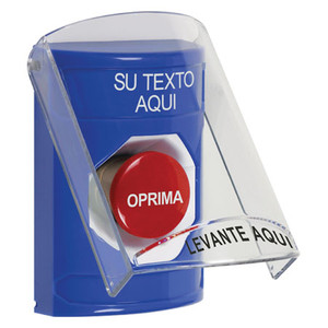 SS2424ZA-ES STI Blue Indoor Only Flush or Surface Momentary Stopper Station with Non-Returnable Custom Text Label Spanish