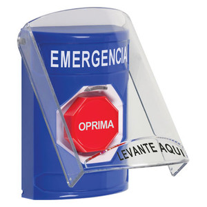 SS2425EM-ES STI Blue Indoor Only Flush or Surface Momentary (Illuminated) Stopper Station with EMERGENCY Label Spanish