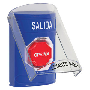 SS2428XT-ES STI Blue Indoor Only Flush or Surface Pneumatic (Illuminated) Stopper Station with EXIT Label Spanish