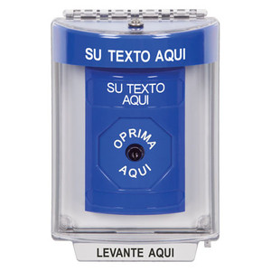 SS2430ZA-ES STI Blue Indoor/Outdoor Flush Key-to-Reset Stopper Station with Non-Returnable Custom Text Label Spanish