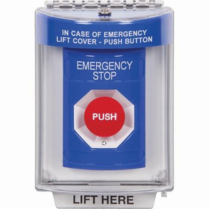 SS2431ES-ES STI Blue Indoor/Outdoor Flush Turn-to-Reset Stopper Station with EMERGENCY STOP Label Spanish
