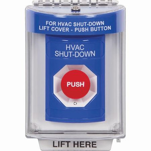 SS2431HV-ES STI Blue Indoor/Outdoor Flush Turn-to-Reset Stopper Station with HVAC SHUT DOWN Label Spanish