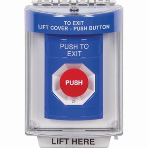 SS2431PX-ES STI Blue Indoor/Outdoor Flush Turn-to-Reset Stopper Station with PUSH TO EXIT Label Spanish