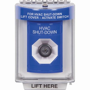 SS2433HV-ES STI Blue Indoor/Outdoor Flush Key-to-Activate Stopper Station with HVAC SHUT DOWN Label Spanish