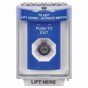 SS2433PX-ES STI Blue Indoor/Outdoor Flush Key-to-Activate Stopper Station with PUSH TO EXIT Label Spanish