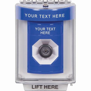 SS2433ZA-ES STI Blue Indoor/Outdoor Flush Key-to-Activate Stopper Station with Non-Returnable Custom Text Label Spanish