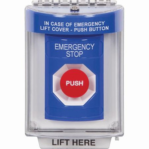 SS2434ES-ES STI Blue Indoor/Outdoor Flush Momentary Stopper Station with EMERGENCY STOP Label Spanish