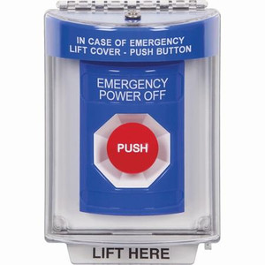 SS2434PO-ES STI Blue Indoor/Outdoor Flush Momentary Stopper Station with EMERGENCY POWER OFF Label Spanish