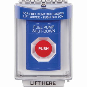 SS2434PS-ES STI Blue Indoor/Outdoor Flush Momentary Stopper Station with FUEL PUMP SHUT DOWN Label Spanish