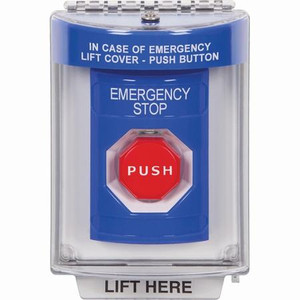 SS2435ES-ES STI Blue Indoor/Outdoor Flush Momentary (Illuminated) Stopper Station with EMERGENCY STOP Label Spanish