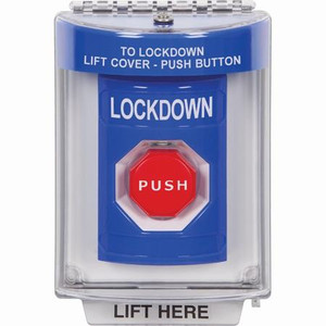 SS2435LD-ES STI Blue Indoor/Outdoor Flush Momentary (Illuminated) Stopper Station with LOCKDOWN Label Spanish