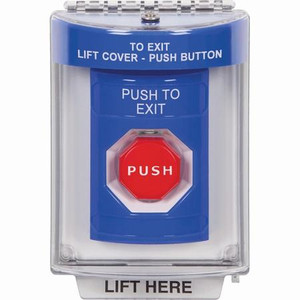 SS2435PX-ES STI Blue Indoor/Outdoor Flush Momentary (Illuminated) Stopper Station with PUSH TO EXIT Label Spanish