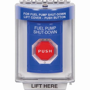 SS2439PS-ES STI Blue Indoor/Outdoor Flush Turn-to-Reset (Illuminated) Stopper Station with FUEL PUMP SHUT DOWN Label Spanish