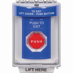 SS2439PX-ES STI Blue Indoor/Outdoor Flush Turn-to-Reset (Illuminated) Stopper Station with PUSH TO EXIT Label Spanish