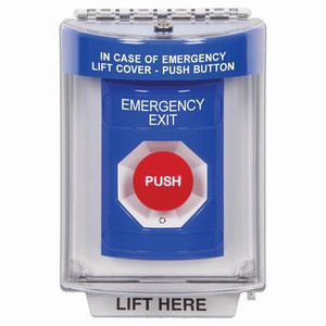 SS2441EX-ES STI Blue Indoor/Outdoor Flush w/ Horn Turn-to-Reset Stopper Station with EMERGENCY EXIT Label Spanish