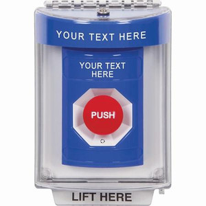 SS2441ZA-ES STI Blue Indoor/Outdoor Flush w/ Horn Turn-to-Reset Stopper Station with Non-Returnable Custom Text Label Spanish