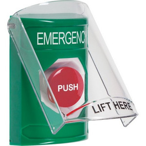 SS2121EM-EN STI Green Indoor Only Flush or Surface Turn-to-Reset Stopper Station with EMERGENCY Label English