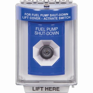 SS2443PS-ES STI Blue Indoor/Outdoor Flush w/ Horn Key-to-Activate Stopper Station with FUEL PUMP SHUT DOWN Label Spanish