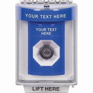 SS2443ZA-ES STI Blue Indoor/Outdoor Flush w/ Horn Key-to-Activate Stopper Station with Non-Returnable Custom Text Label Spanish