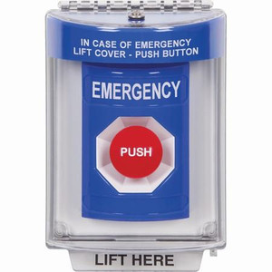 SS2444EM-ES STI Blue Indoor/Outdoor Flush w/ Horn Momentary Stopper Station with EMERGENCY Label Spanish