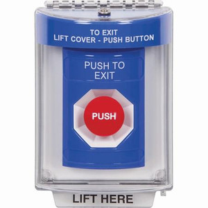 SS2444PX-ES STI Blue Indoor/Outdoor Flush w/ Horn Momentary Stopper Station with PUSH TO EXIT Label Spanish