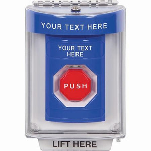 SS2445ZA-ES STI Blue Indoor/Outdoor Flush w/ Horn Momentary (Illuminated) Stopper Station with Non-Returnable Custom Text Label Spanish