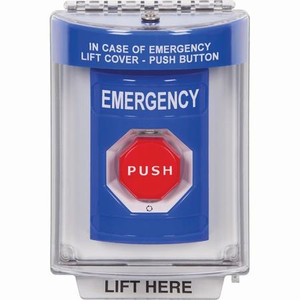 SS2449EM-ES STI Blue Indoor/Outdoor Flush w/ Horn Turn-to-Reset (Illuminated) Stopper Station with EMERGENCY Label Spanish