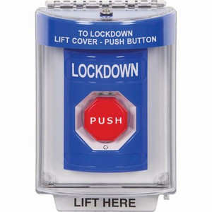 SS2449LD-ES STI Blue Indoor/Outdoor Flush w/ Horn Turn-to-Reset (Illuminated) Stopper Station with LOCKDOWN Label Spanish
