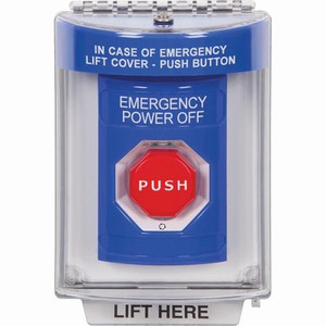 SS2449PO-ES STI Blue Indoor/Outdoor Flush w/ Horn Turn-to-Reset (Illuminated) Stopper Station with EMERGENCY POWER OFF Label Spanish