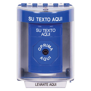 SS2470ZA-ES STI Blue Indoor/Outdoor Surface Key-to-Reset Stopper Station with Non-Returnable Custom Text Label Spanish
