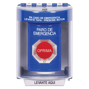 SS2471ES-ES STI Blue Indoor/Outdoor Surface Turn-to-Reset Stopper Station with EMERGENCY STOP Label Spanish