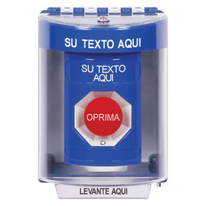 SS2471ZA-ES STI Blue Indoor/Outdoor Surface Turn-to-Reset Stopper Station with Non-Returnable Custom Text Label Spanish