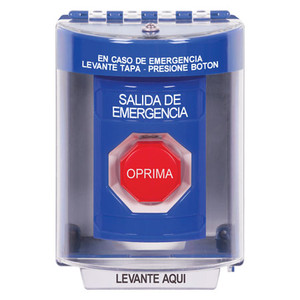 SS2472EX-ES STI Blue Indoor/Outdoor Surface Key-to-Reset (Illuminated) Stopper Station with EMERGENCY EXIT Label Spanish