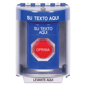 SS2472ZA-ES STI Blue Indoor/Outdoor Surface Key-to-Reset (Illuminated) Stopper Station with Non-Returnable Custom Text Label Spanish