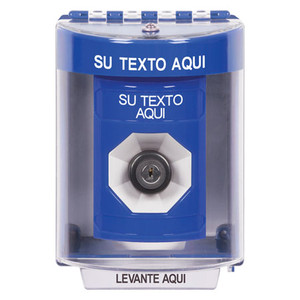 SS2473ZA-ES STI Blue Indoor/Outdoor Surface Key-to-Activate Stopper Station with Non-Returnable Custom Text Label Spanish