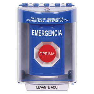 SS2474EM-ES STI Blue Indoor/Outdoor Surface Momentary Stopper Station with EMERGENCY Label Spanish