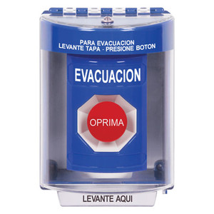 SS2474EV-ES STI Blue Indoor/Outdoor Surface Momentary Stopper Station with EVACUATION Label Spanish