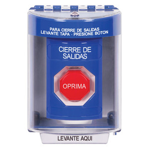 SS2475LD-ES STI Blue Indoor/Outdoor Surface Momentary (Illuminated) Stopper Station with LOCKDOWN Label Spanish