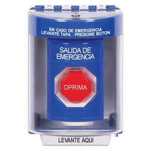 SS2478EX-ES STI Blue Indoor/Outdoor Surface Pneumatic (Illuminated) Stopper Station with EMERGENCY EXIT Label Spanish