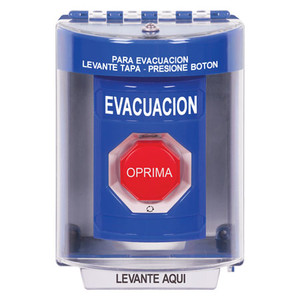 SS2479EV-ES STI Blue Indoor/Outdoor Surface Turn-to-Reset (Illuminated) Stopper Station with EVACUATION Label Spanish