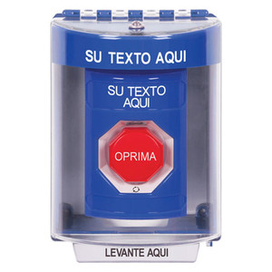 SS2479ZA-ES STI Blue Indoor/Outdoor Surface Turn-to-Reset (Illuminated) Stopper Station with Non-Returnable Custom Text Label Spanish