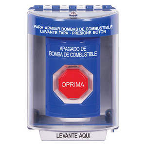 SS2482PS-ES STI Blue Indoor/Outdoor Surface w/ Horn Key-to-Reset (Illuminated) Stopper Station with FUEL PUMP SHUT DOWN Label Spanish