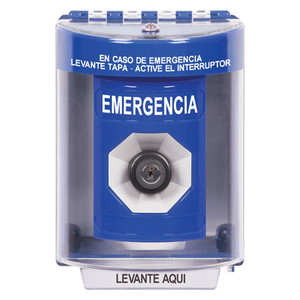 SS2483EM-ES STI Blue Indoor/Outdoor Surface w/ Horn Key-to-Activate Stopper Station with EMERGENCY Label Spanish