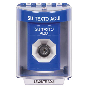 SS2483ZA-ES STI Blue Indoor/Outdoor Surface w/ Horn Key-to-Activate Stopper Station with Non-Returnable Custom Text Label Spanish