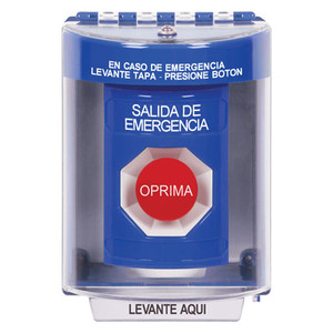 SS2484EX-ES STI Blue Indoor/Outdoor Surface w/ Horn Momentary Stopper Station with EMERGENCY EXIT Label Spanish