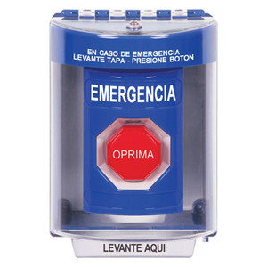 SS2485EM-ES STI Blue Indoor/Outdoor Surface w/ Horn Momentary (Illuminated) Stopper Station with EMERGENCY Label Spanish