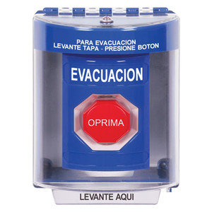 SS2485EV-ES STI Blue Indoor/Outdoor Surface w/ Horn Momentary (Illuminated) Stopper Station with EVACUATION Label Spanish